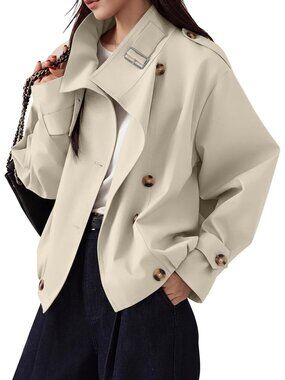 Women's Apricot Cropped Trench Coat Vintage Front Button Jacket with Pockets